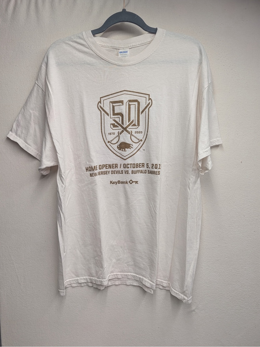 Gildan White Tee with Gold 50th Anniversary Hockey Graphic